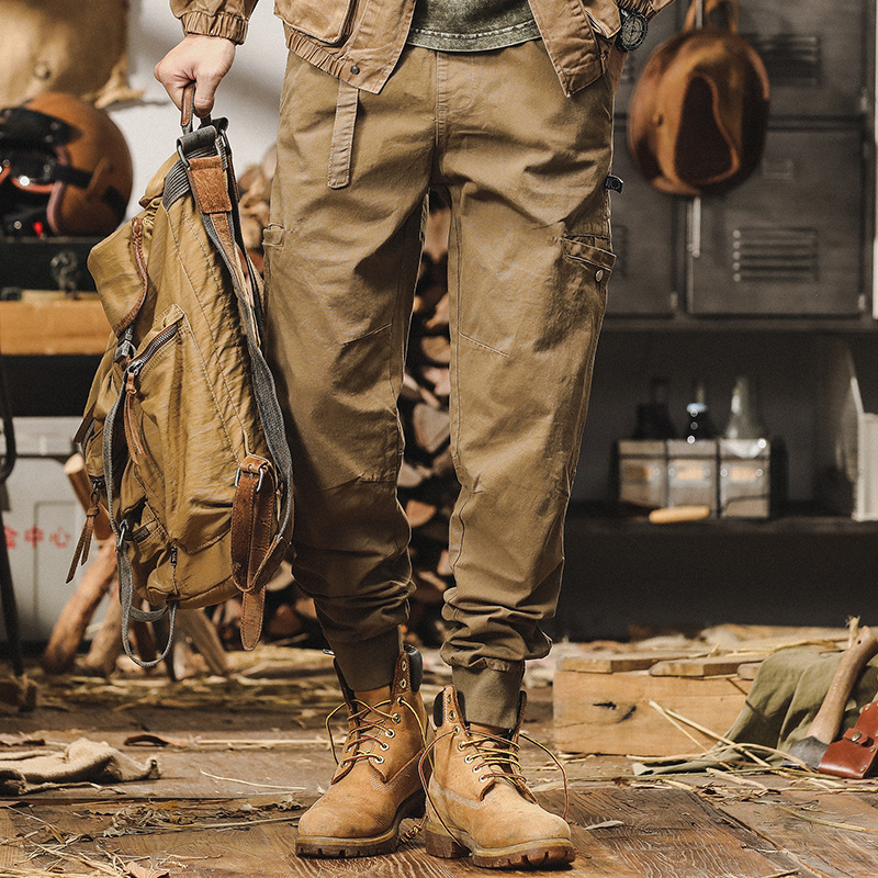 美式重磅復古工裝褲男寬鬆潮牌秋冬款拉鏈束腳硬漢戶外休閒褲子男