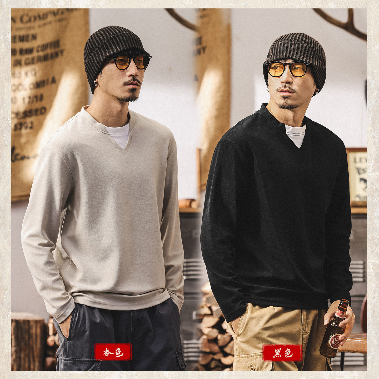 萊賽爾軟糯親膚長袖T恤男秋季新款美式復古潮牌寬鬆假兩件上衣男