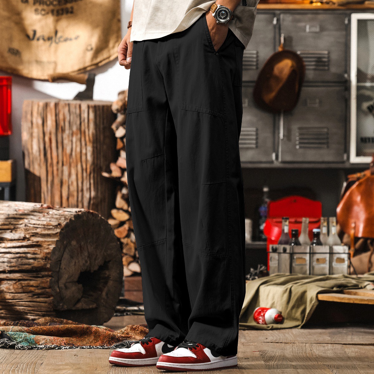 美式復古垂感萊賽爾卡其色褲子男夏季薄款休閒褲男寬鬆直筒工裝褲