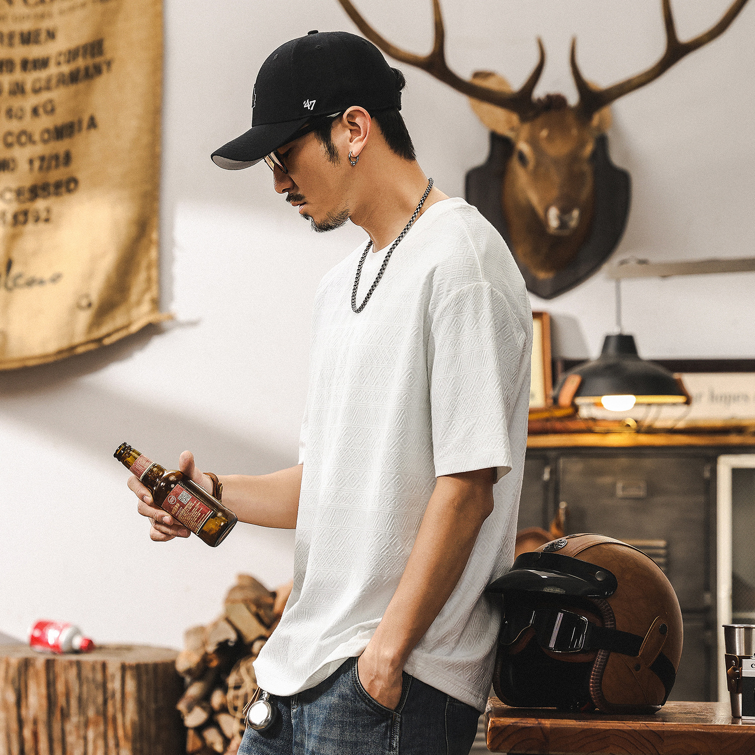 美式復古高級感提花紋理男士T恤夏季短袖2025新款潮牌寬鬆上衣男