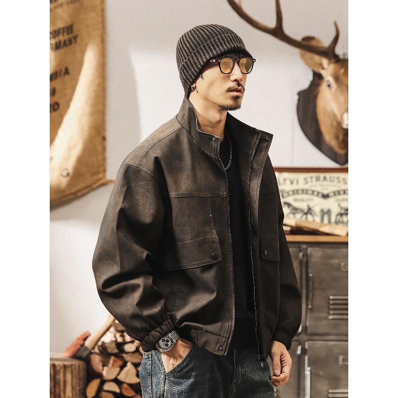 美式復古啞光做舊PU皮衣外套男春秋新款潮流痞帥機車立領工裝夾克