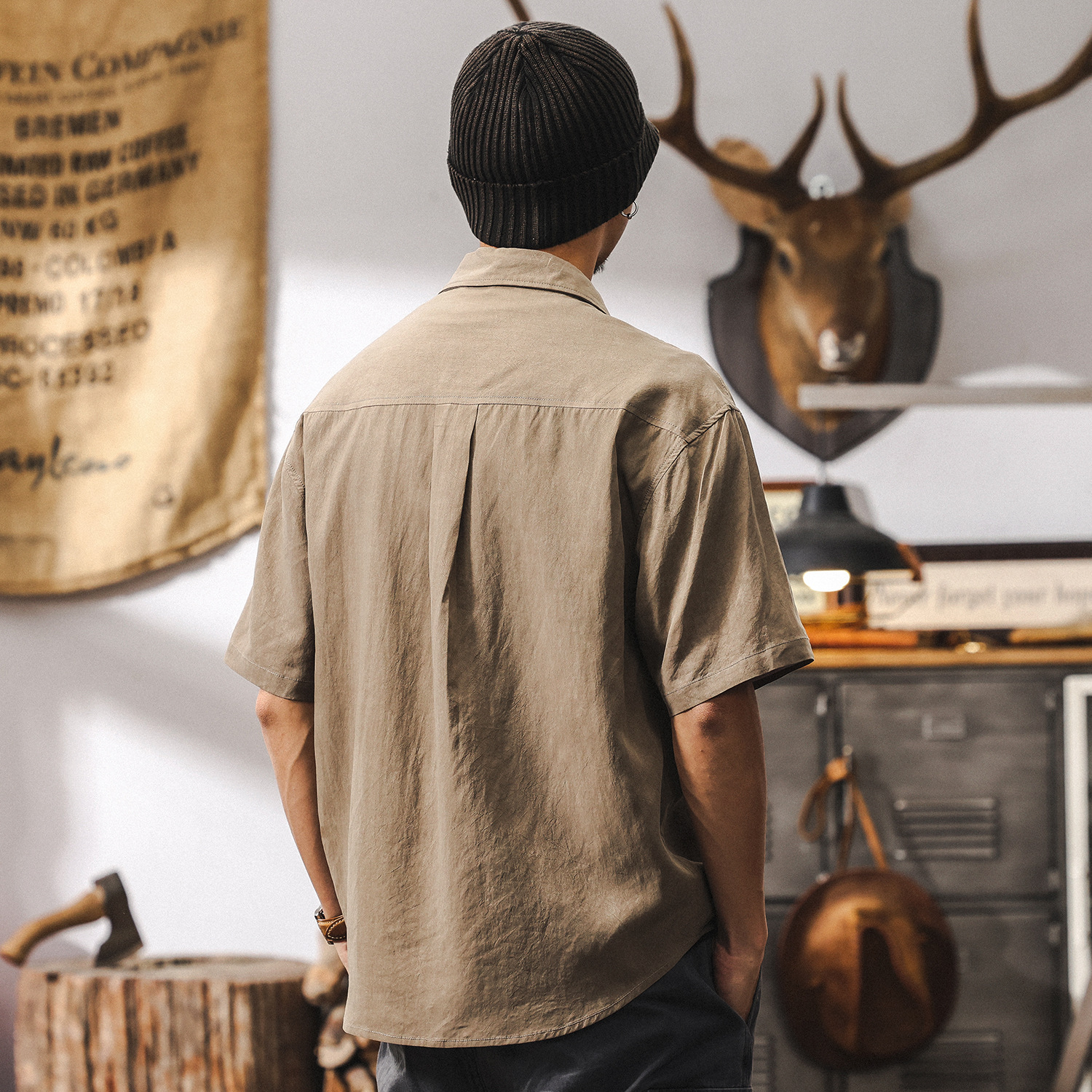 萊賽爾垂感抗皺襯衫男短袖夏季2025新款美式復古寬鬆工裝襯衣