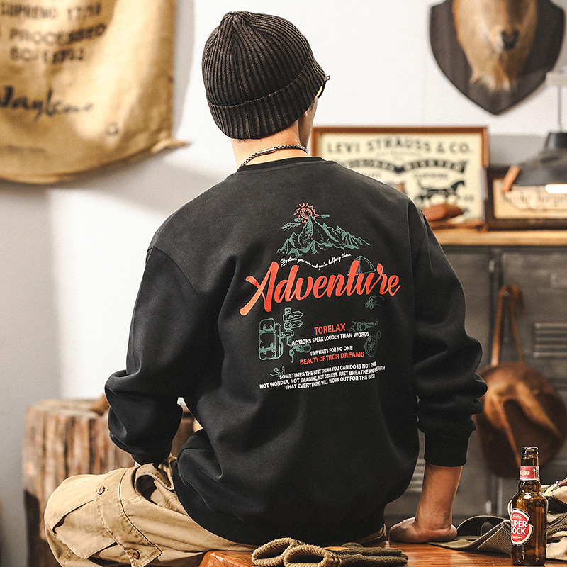 美式復古350g重磅黑色衛衣男秋冬新款潮牌山系印花體恤寬鬆上衣男