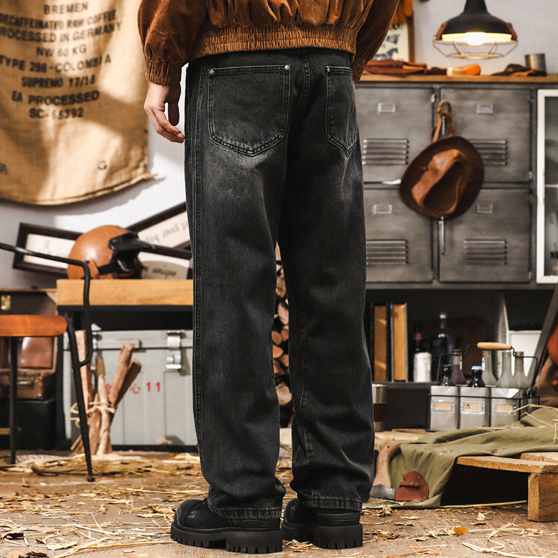 美式重磅復古黑色牛仔褲子男秋季2024新款寬鬆潮牌大碼直筒闊腿褲