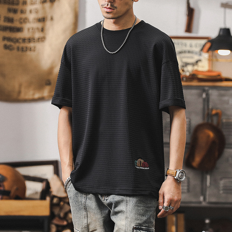 夏季薄款冰絲涼感短袖男2024新款潮牌格紋男士T恤寬鬆垂感半袖男