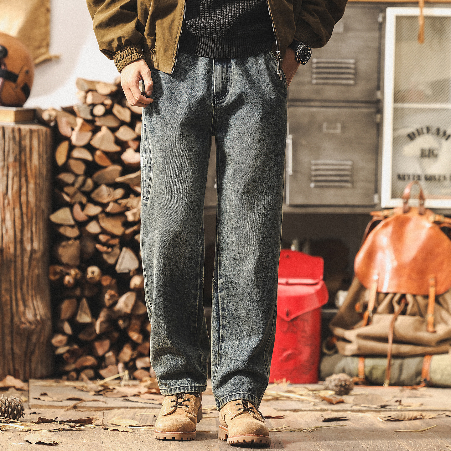 美式高街水洗牛仔褲男秋季新款寬鬆痞帥工裝褲子男潮牌直筒休閒褲