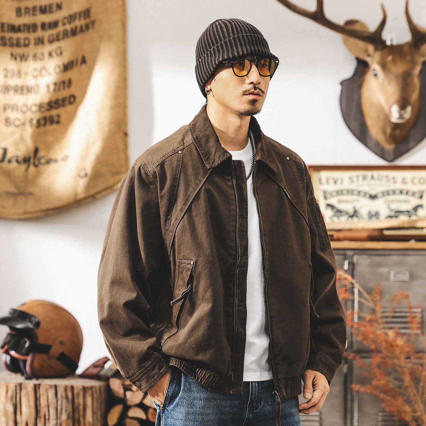 美式復古工裝外套男春秋寬鬆硬漢寬鬆潮牌美拉德休閒戶外獵裝夾克