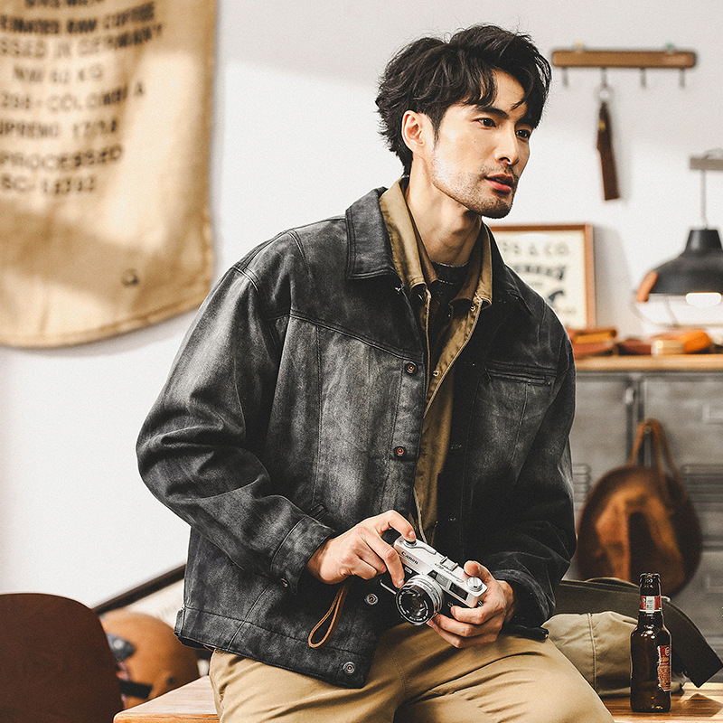 美式重磅複古牛仔外套男秋季潮牌機車阿美咔叽古著休閑工裝夾克男