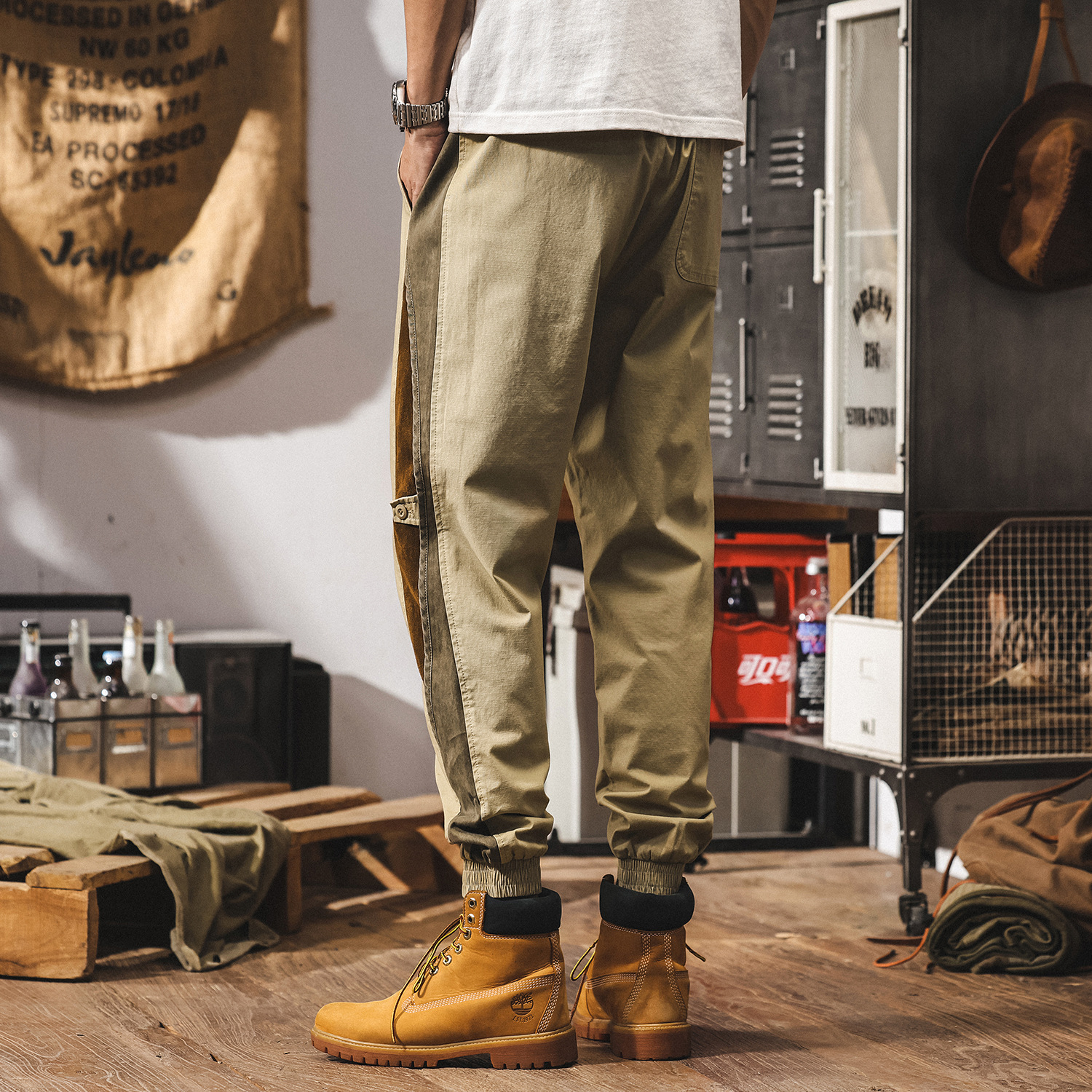 美式復古拼色設計工裝褲子男款夏季潮牌寬鬆直筒卡其色男士休閒褲