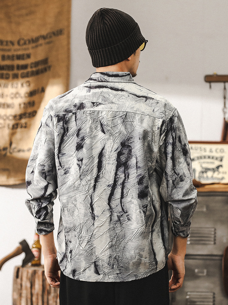 國風扎染印花長袖襯衫男春季2025新款潮流高級感寬鬆休閒襯衣外套