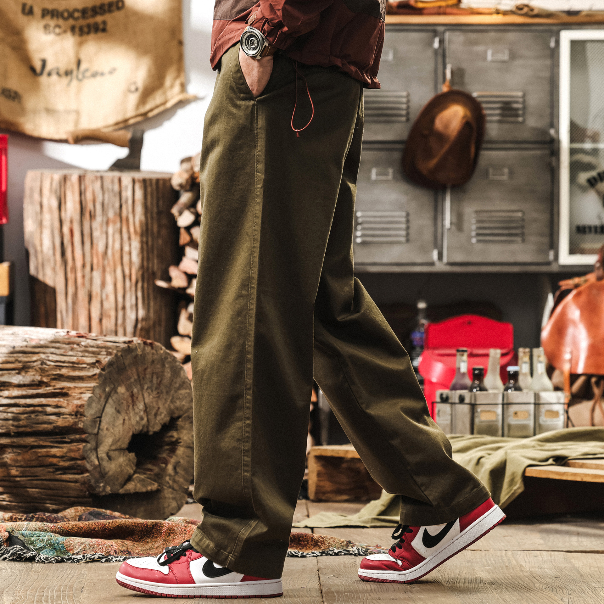 美式復古軍綠色褲子男潮牌直筒水洗闊腿工裝長褲男士寬鬆休閒褲男