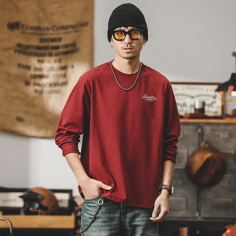 美式260g重磅長袖T恤男春季2024新款寬鬆上衣潮牌紅色衣服男