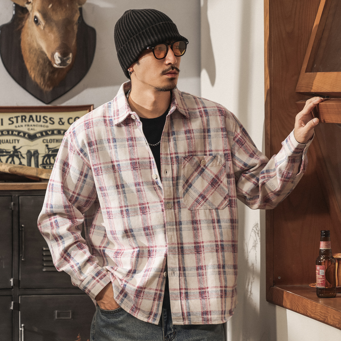 萊賽爾天絲粉色格子襯衫男長袖秋季新款寬鬆休閒男士襯衣春秋外套