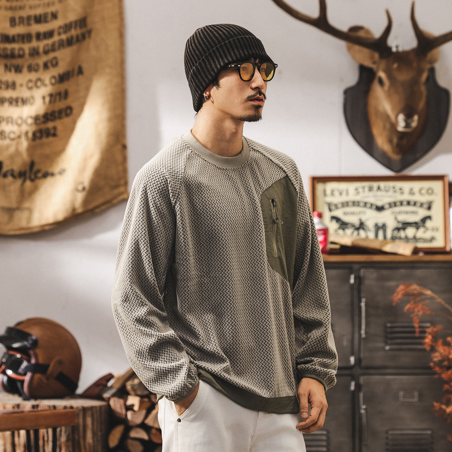 環保可再生戶外通勤波浪紋衛衣男春秋新款美式復古寬鬆長袖t恤男