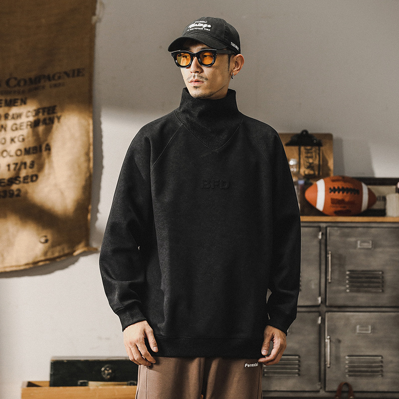 杰雷諾美式重磅衛衣男秋冬款高領紮染復古立體鋼印加絨外套男冬季