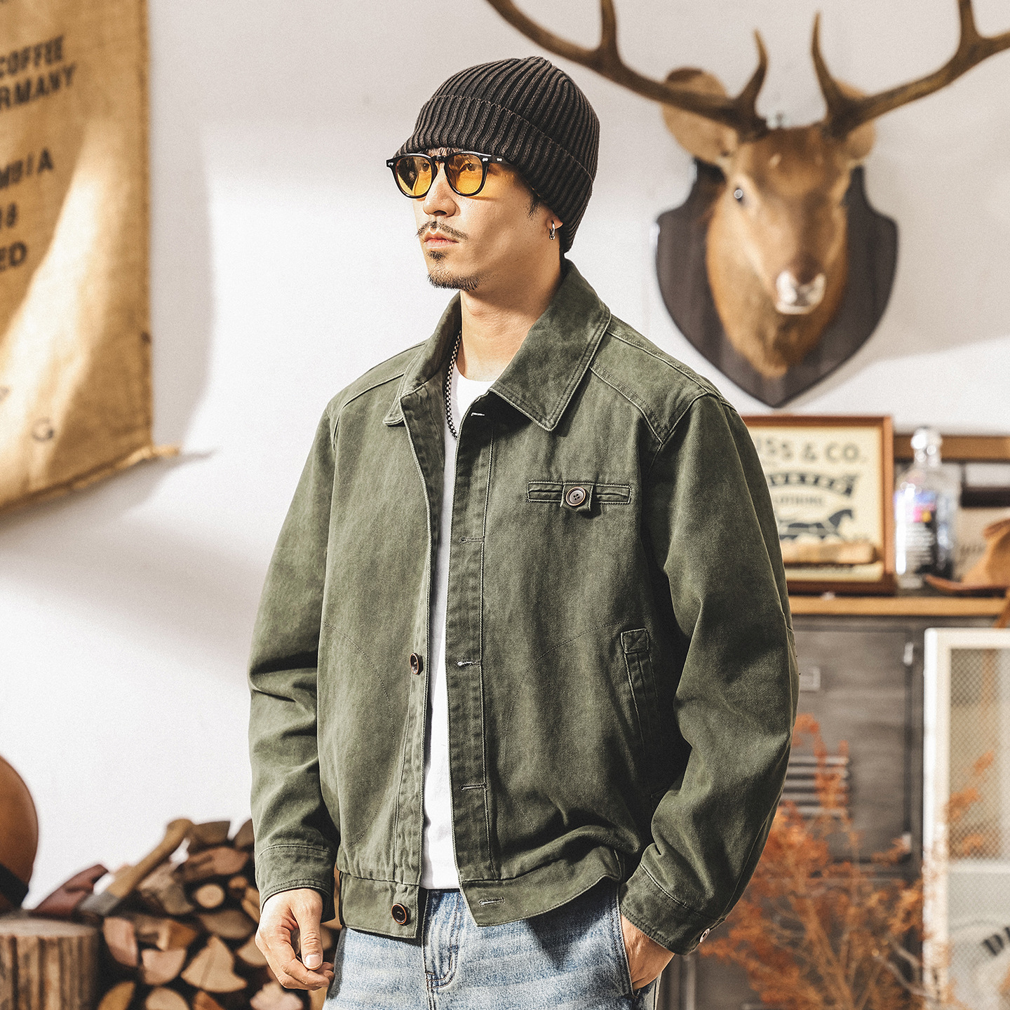 美式重磅復古工裝外套男春秋寬鬆硬漢帥氣潮牌重工水洗教練夾克男