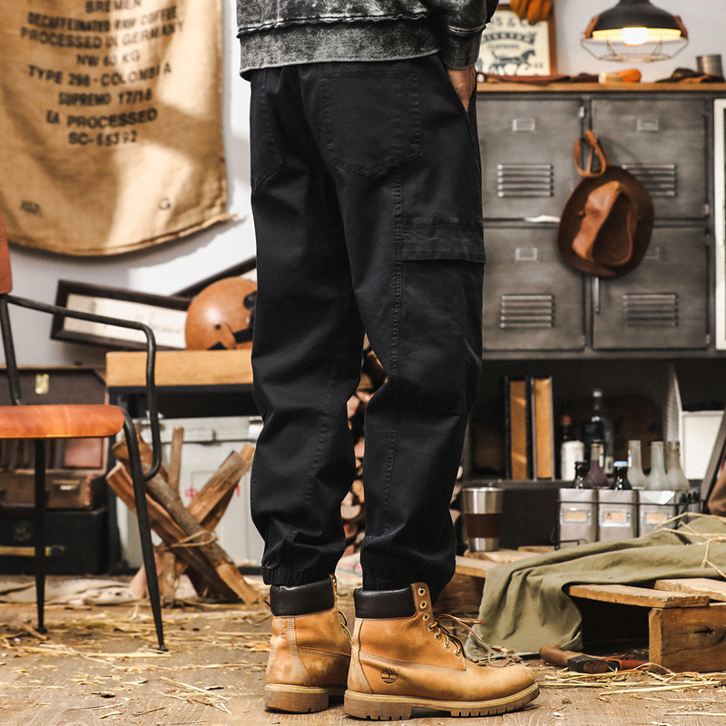 美式復古工裝褲男秋季2024新款束腳褲寬鬆潮牌黑色男士休閒長褲子