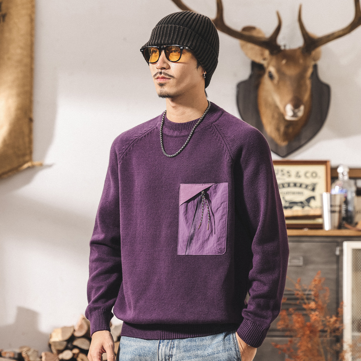 美式復古圓領毛衣男2025新款冬季保暖毛線衣男士針織衫休閒上衣男