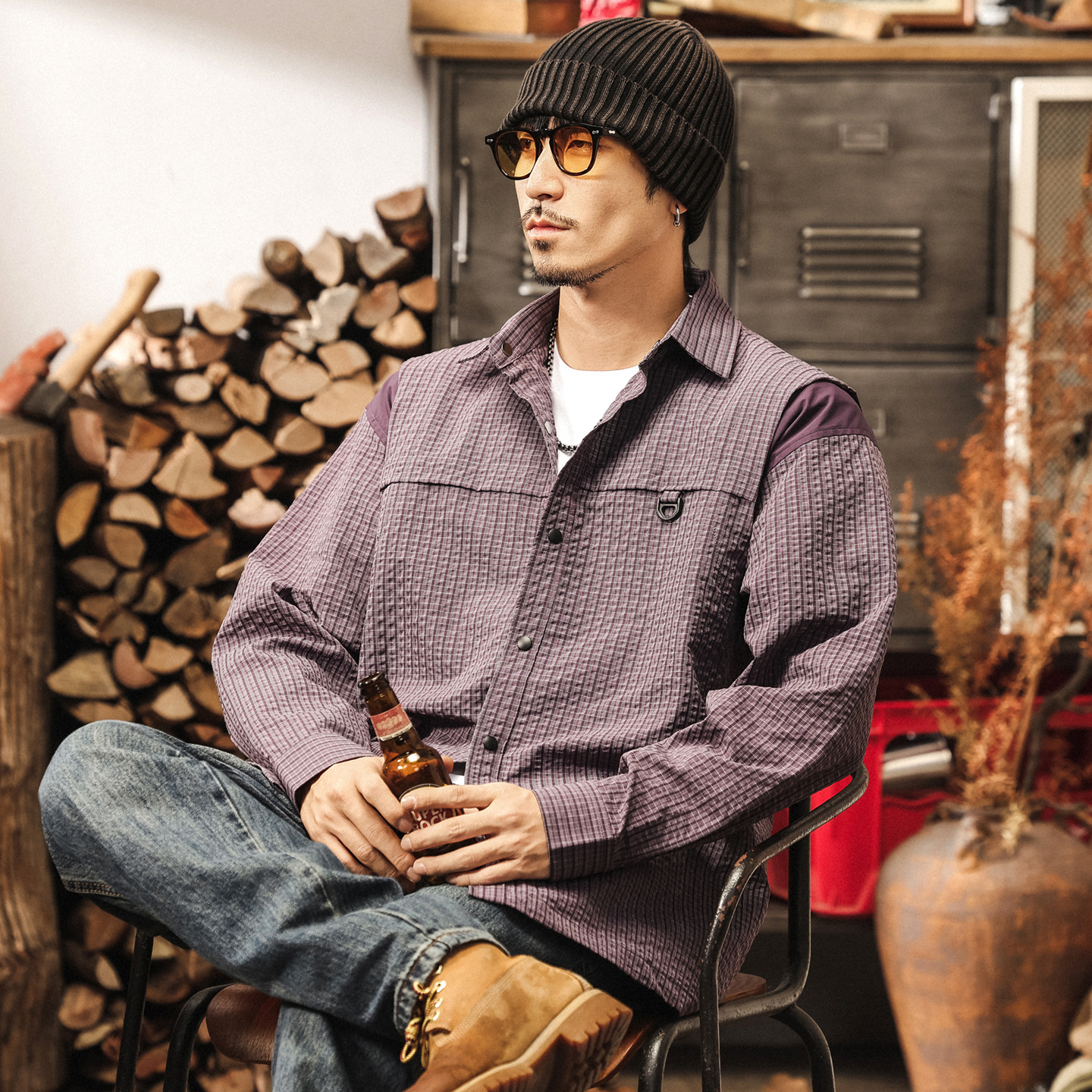 美式復古空氣層蓬鬆感格子襯衫男長袖2025新款寬鬆男士外套春秋款