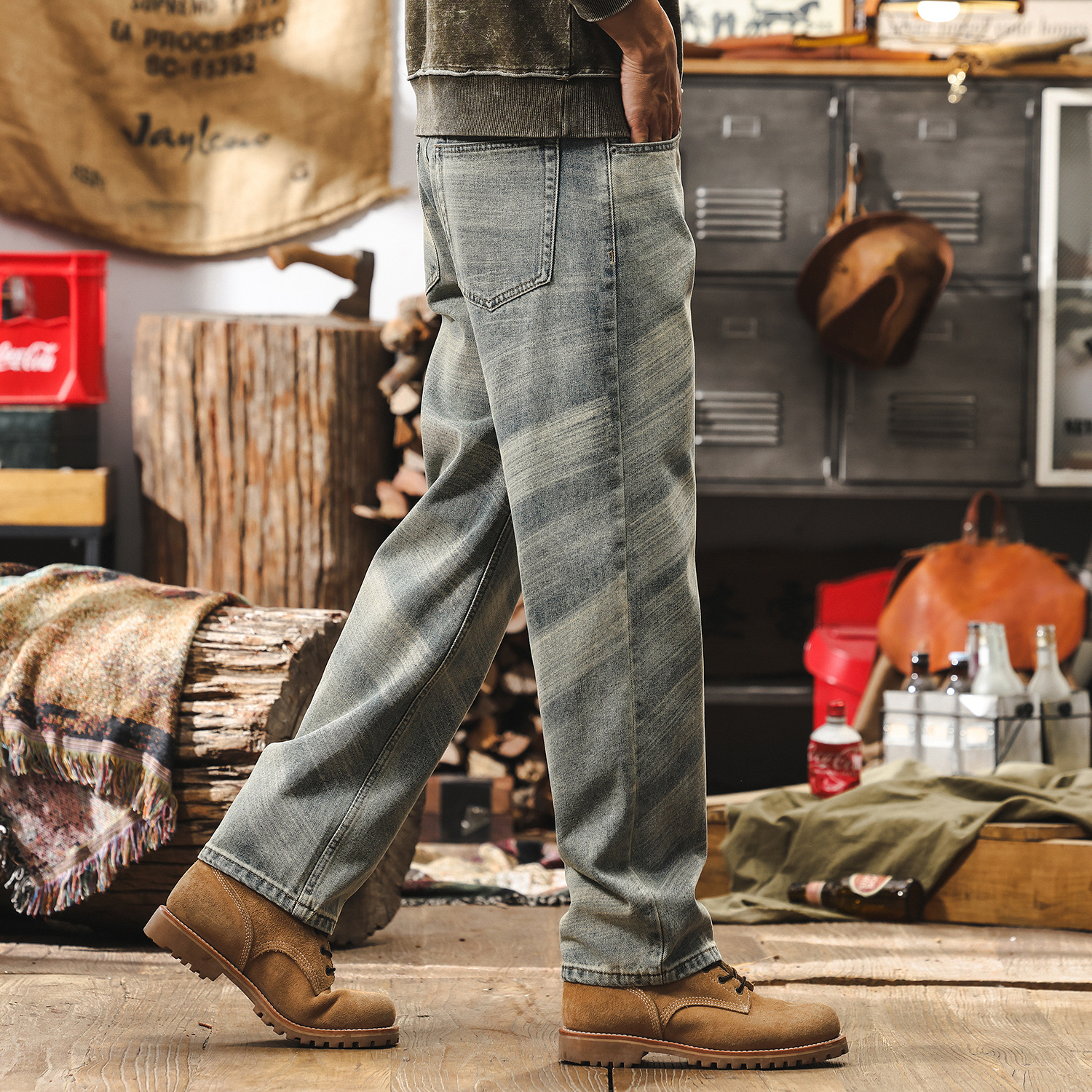 美式復古牛仔褲男直筒油刷馬騮做舊水洗高街男生休閒褲子潮牌男褲