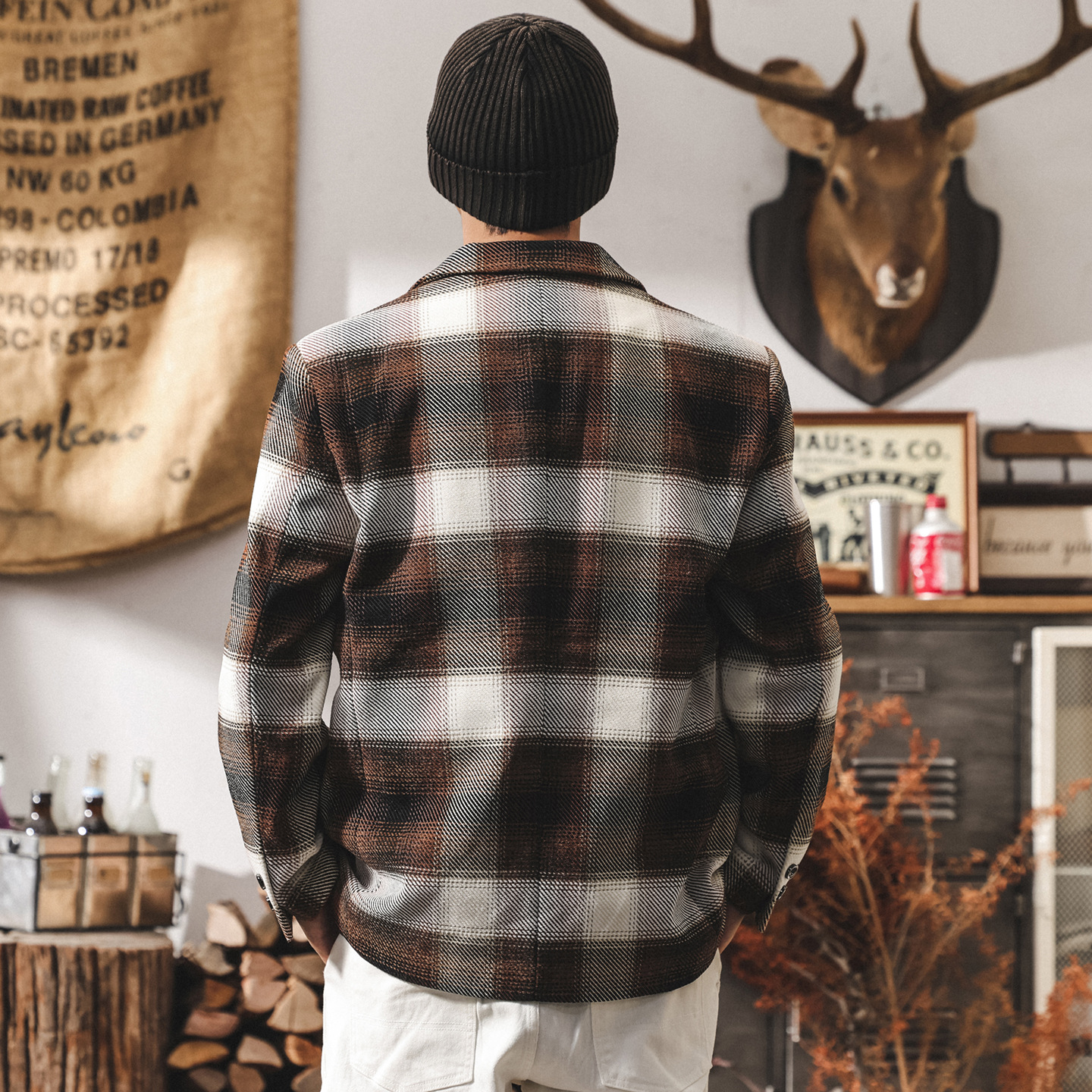 美式復古色織格紋西裝外套男冬季新款潮牌高級感通勤休閒寬鬆西服