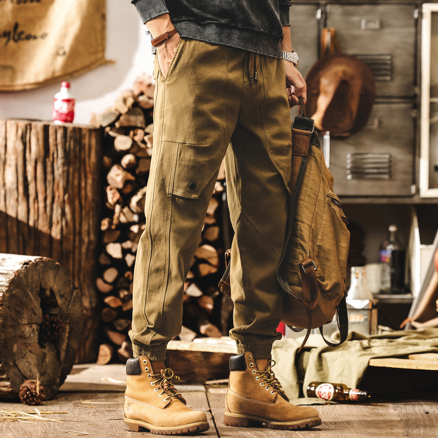 美式復古卡其色工裝褲子男士秋季新款戶外潮牌寬鬆束腳男褲休閒褲