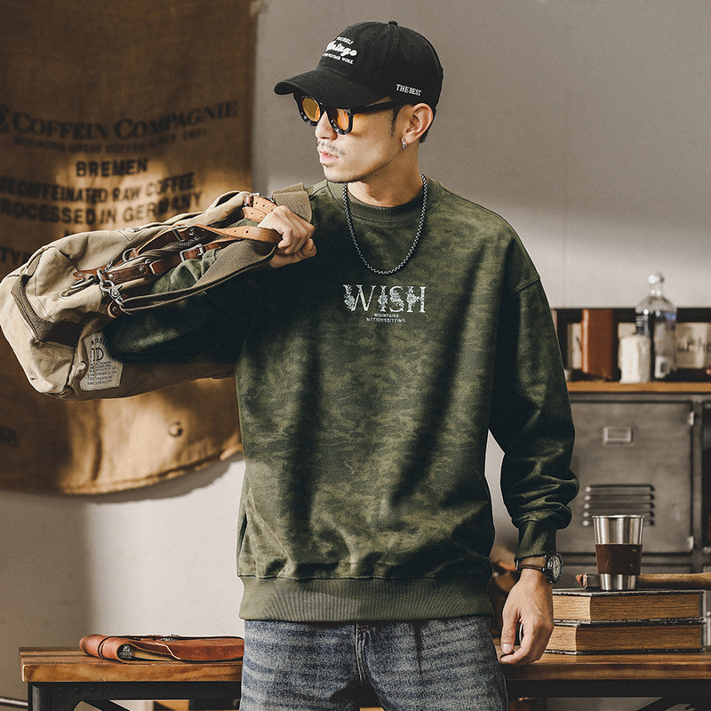 杰雷諾美式迷彩重磅復古麂皮絨男士衛衣秋冬款潮牌打底衫長袖上衣