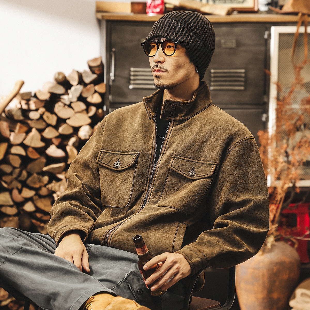 美式復古斑駁蠟感皮夾克男秋季新款潮牌寬鬆秋冬阿美咔嘰工裝外套