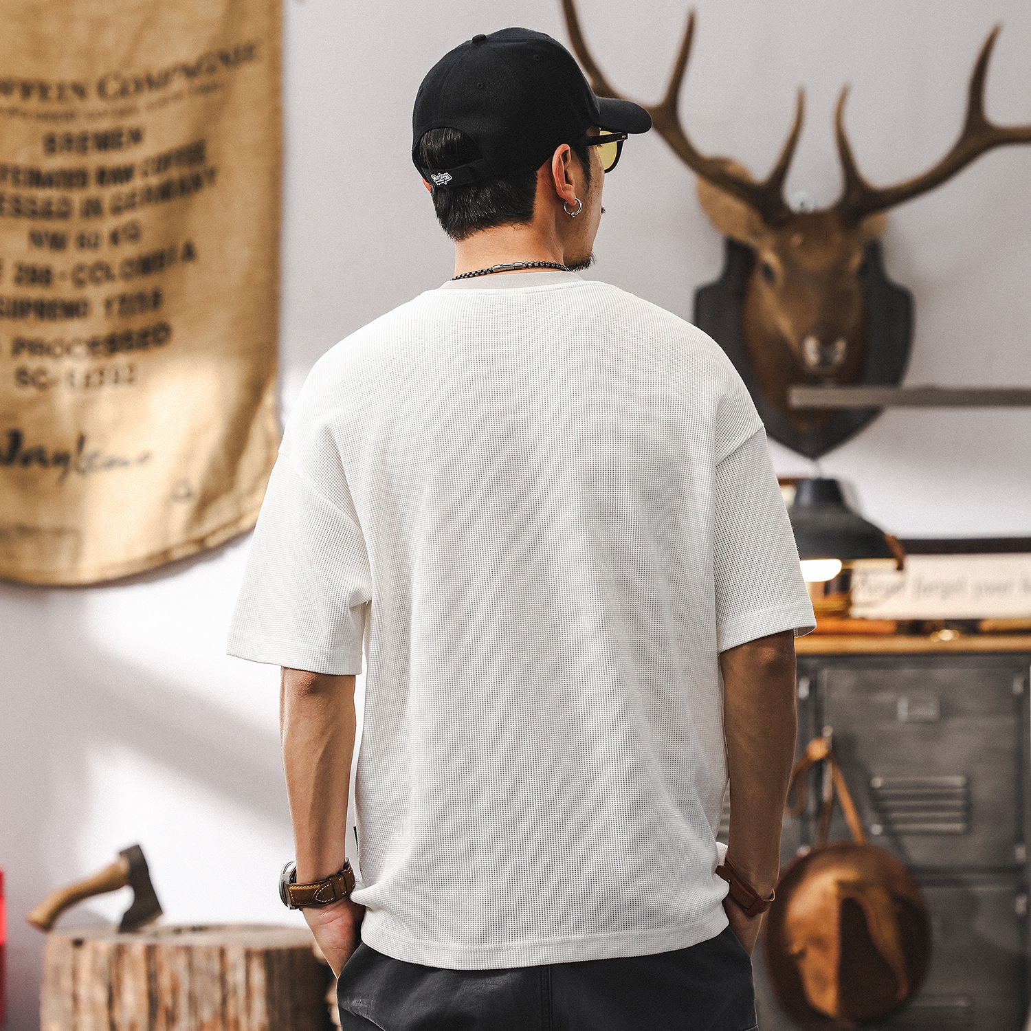 夏季潮牌撞色拼接美式短袖T恤男2025新款寬鬆肌理男士假兩件上衣