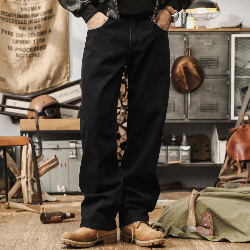 美式復古黑色牛仔褲男2024新款休閒長褲寬鬆直筒加絨男士秋冬褲子