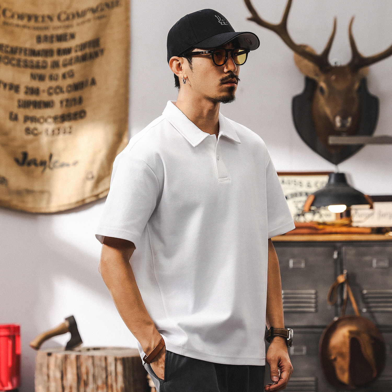 美式潮牌純色POLO衫男夏季短袖2025新款百搭簡約T恤寬鬆男士上衣