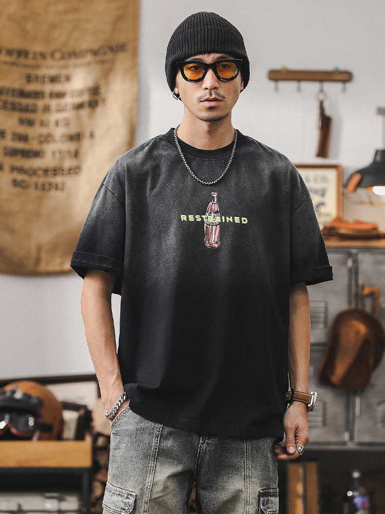 夏季咖色重磅T恤男短袖個性創意印花潮流男士半袖寬鬆上衣男