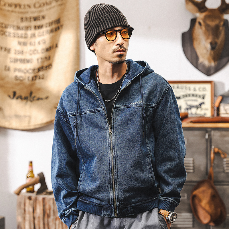 美式復古丹寧水洗藍色牛仔外套男秋季寬鬆潮流男生工裝連帽夾克男