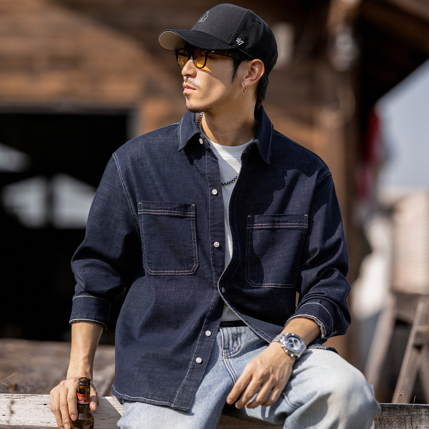 萊賽爾亞麻牛仔襯衫男長袖春季美式潮牌丹寧水洗寬鬆襯衣工裝外套