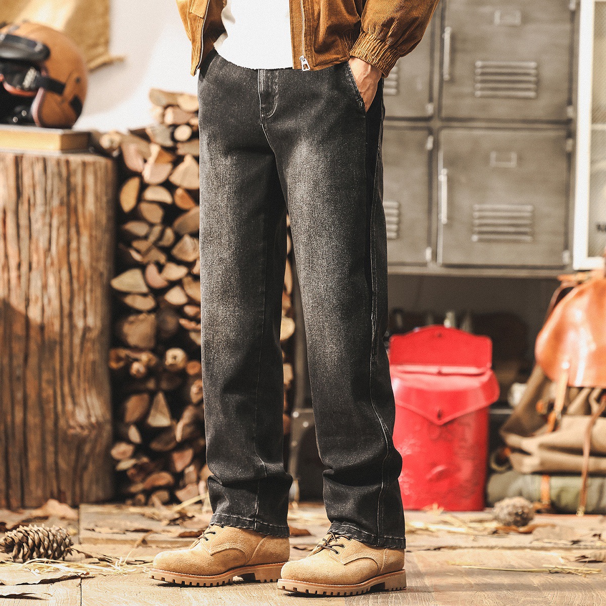 美式復古牛仔褲男士2025秋季新款寬鬆直筒水洗潮牌拼接痞帥休閒褲