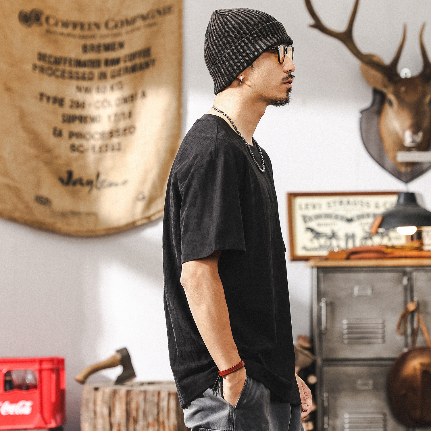 美式復古肌理感提花短袖T恤男夏季2025新款潮流高級感休閒上衣男