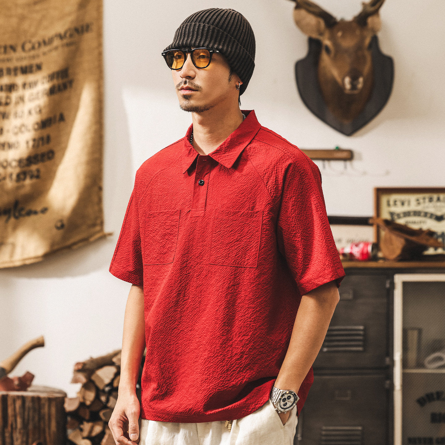 美式復古冰絲短袖Polo衫男夏季輕薄速幹t恤男寬鬆半袖酒紅色上衣