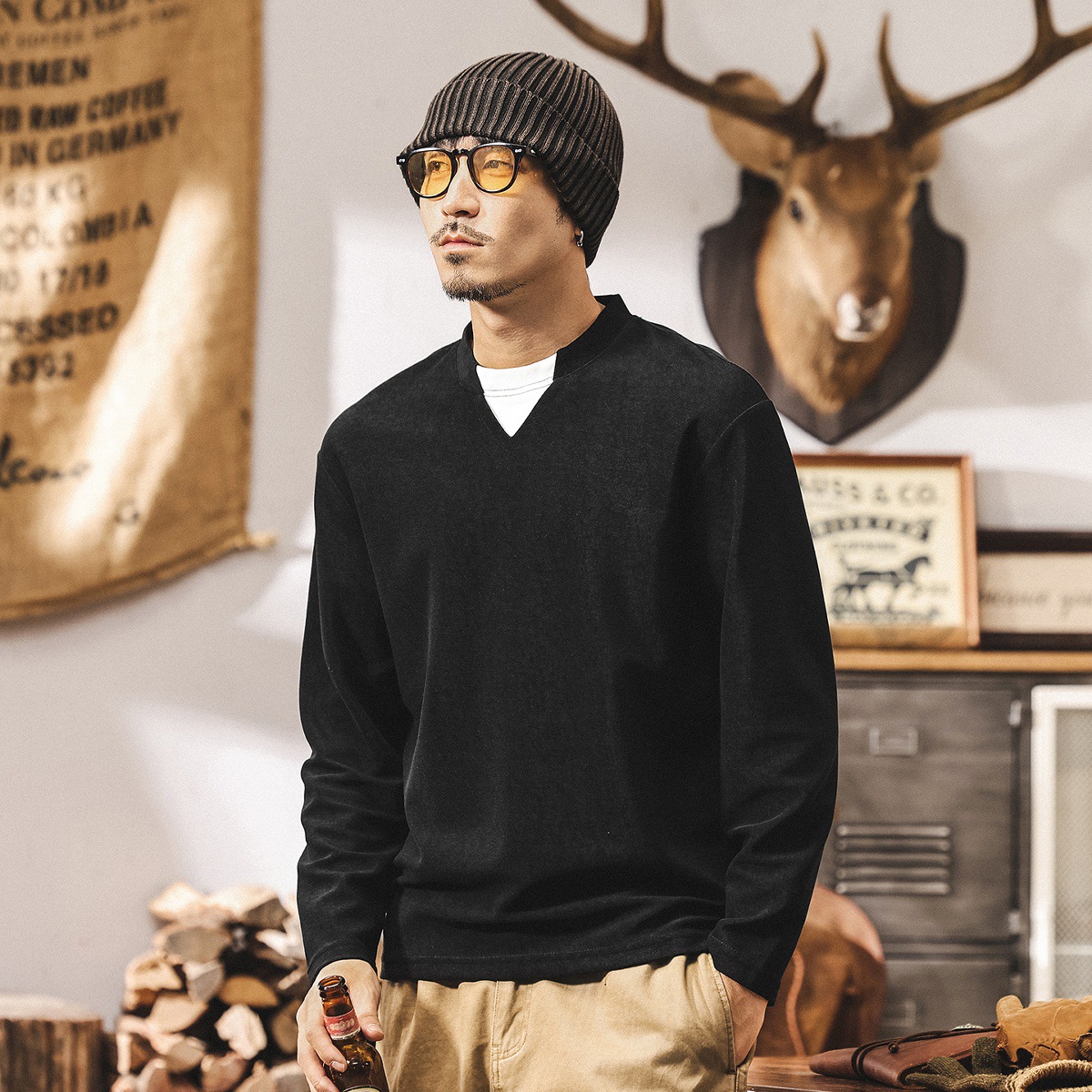 高級感軟糯萊賽爾長袖t恤男秋季2025新款寬鬆美式復古假兩件上衣T