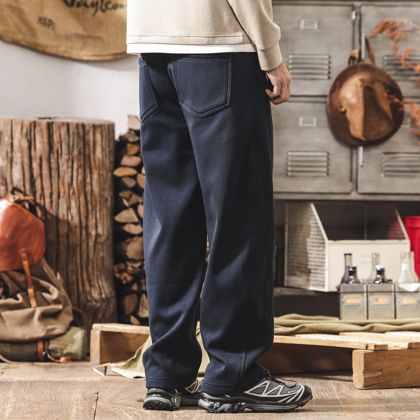 美式復古加絨彎刀褲子男款冬季加厚衛褲直筒男士重磅寬鬆休閒長褲