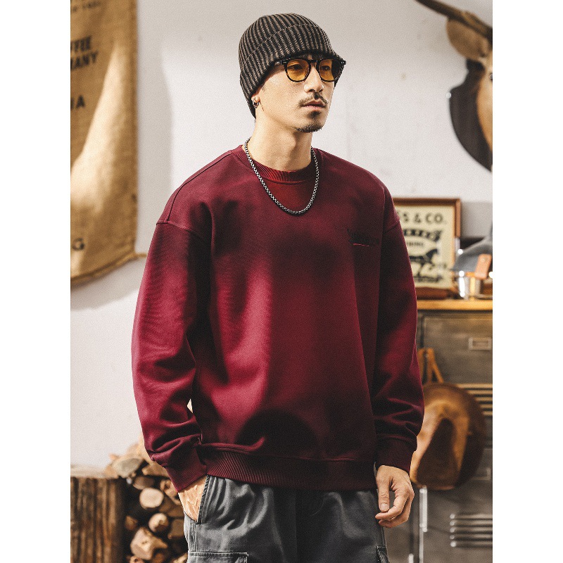 安可拉紅重磅圓領衛衣男春秋新款美式復古潮流髒染寬鬆大碼上衣男