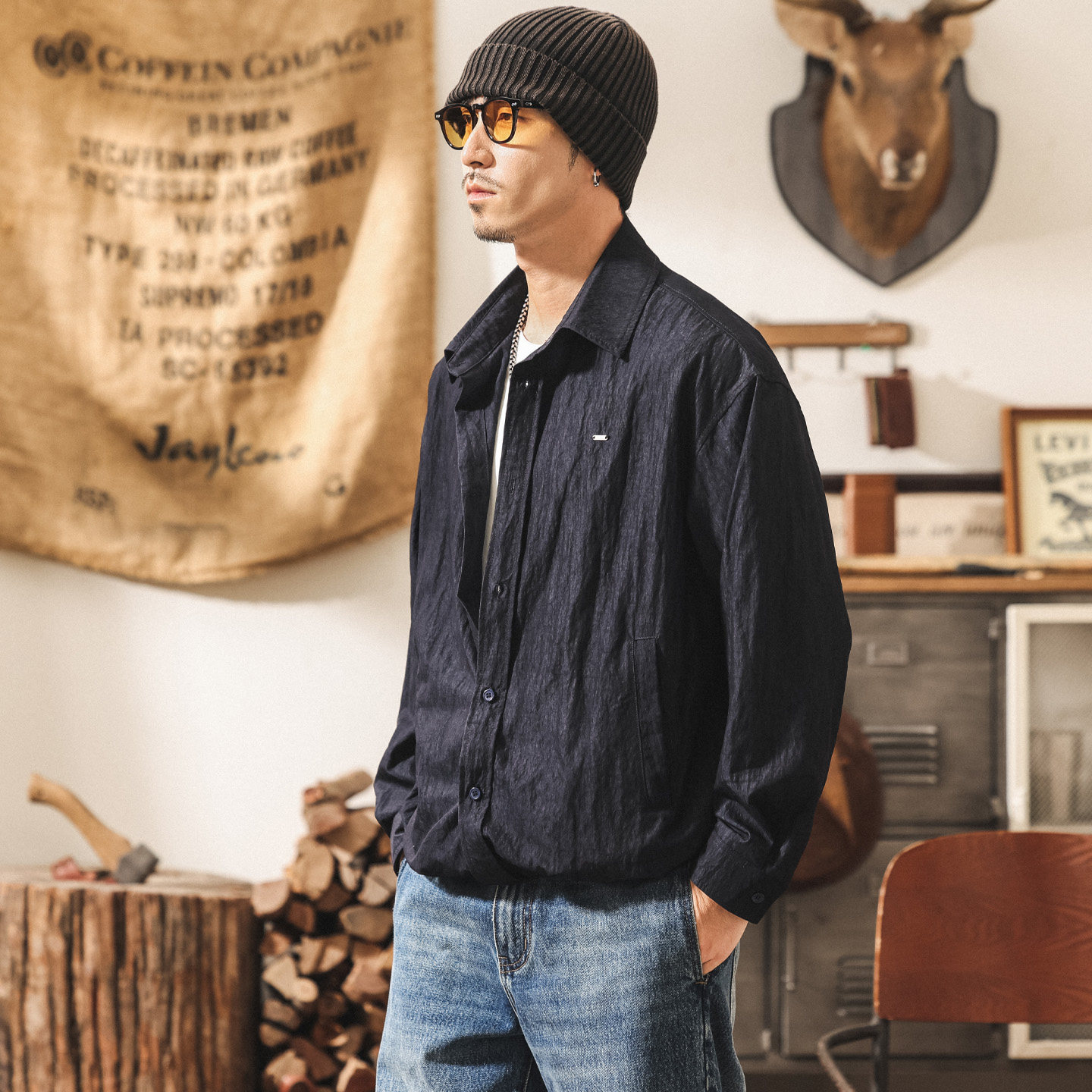 美式復古假兩件長袖襯衫外套男款春季潮牌寬鬆垂感襯衣男休閒夾克