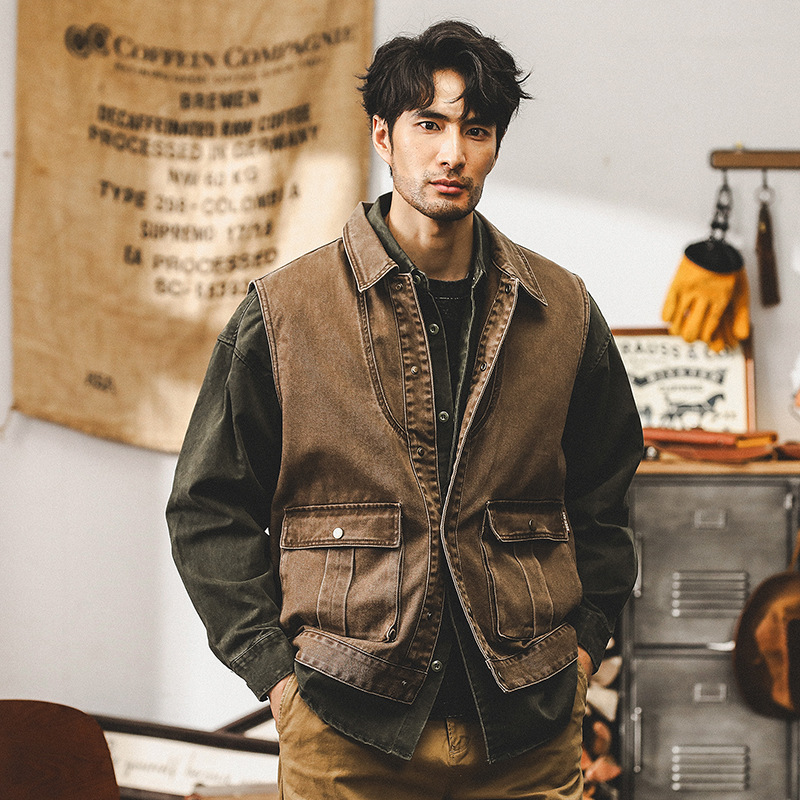 美式重磅複古工裝馬甲男秋季潮牌戶外釣魚機能無袖坎肩夾克男外套