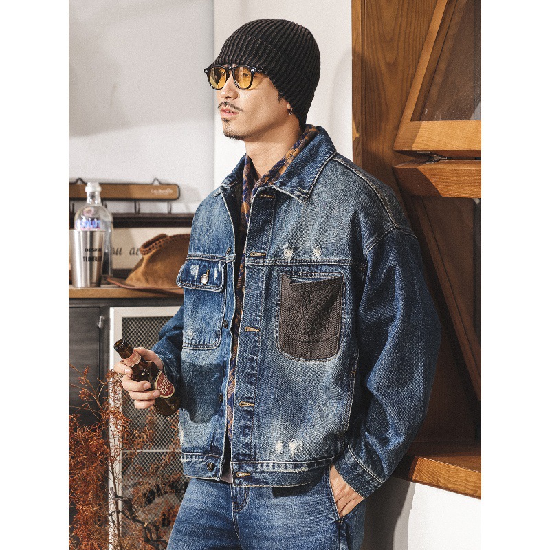 美式復古戰損破洞牛仔外套男春秋潮牌2025新款潮流帥氣工裝夾克男