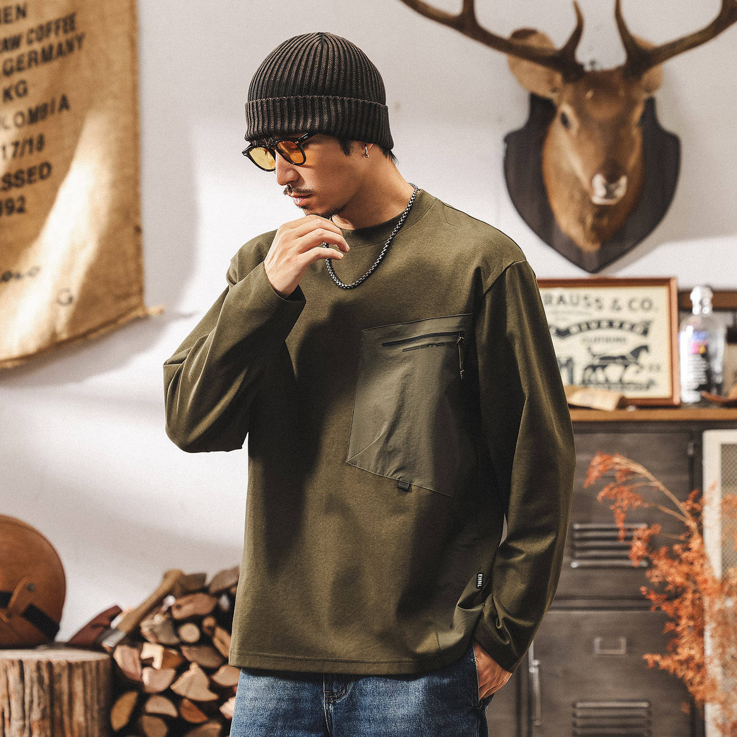 美式復古軍綠色t恤男長袖春秋新款潮牌拼接城市戶外速幹男士上衣