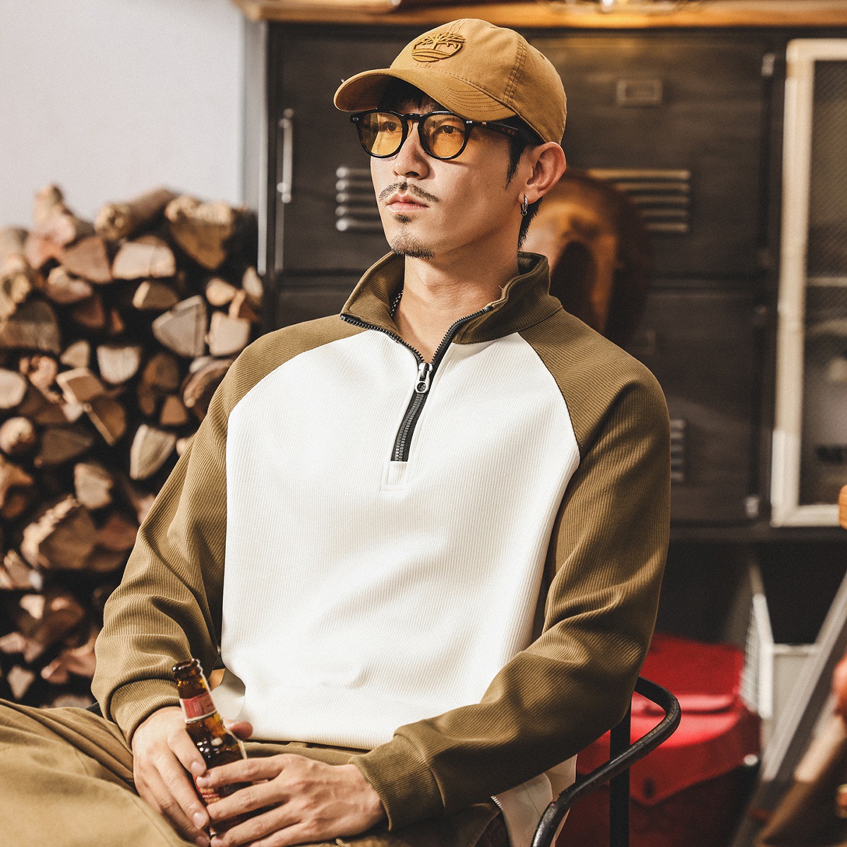 美式復古重磅半拉鍊衛衣男春秋新款潮流撞色立領寬鬆休閒男士上衣