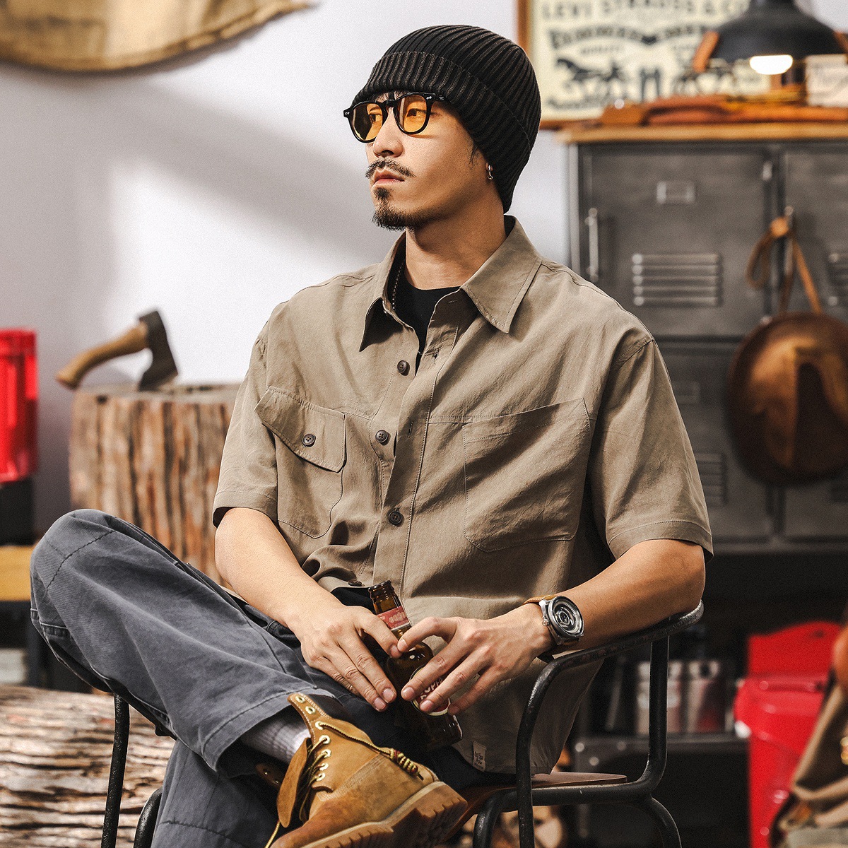 萊賽爾垂感抗皺襯衫男短袖夏季2025新款美式復古寬鬆工裝襯衣