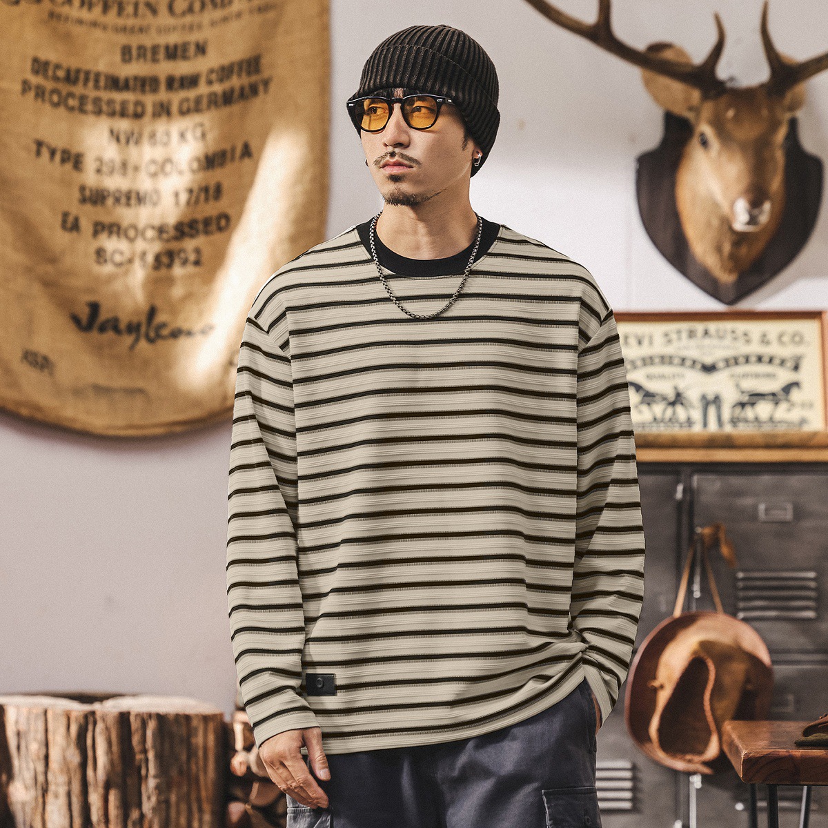 美式復古280g重磅長袖t恤男秋季新款寬鬆潮牌條紋海魂衫男裝上衣