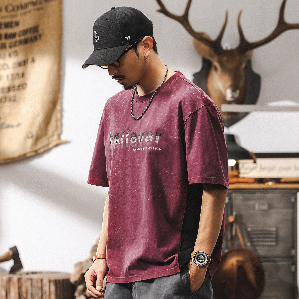 美式復古做舊水洗重磅T恤男夏季短袖2025新款潮牌酒紅色上衣