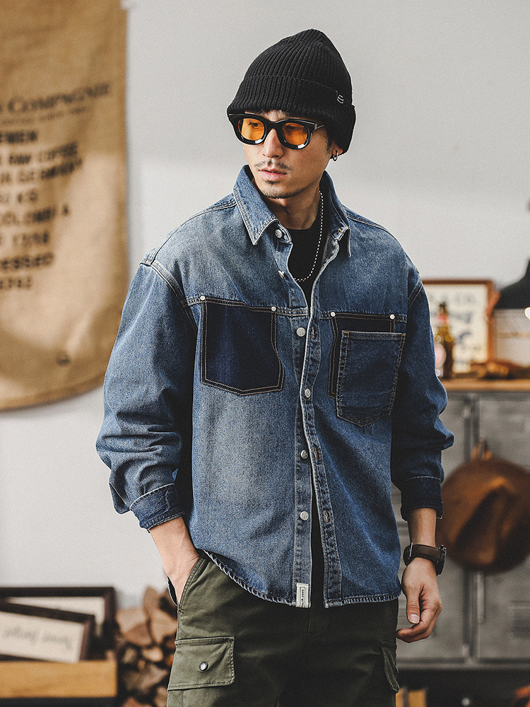 春季新款牛仔外套男春秋款潮牌高級感痞帥工裝夾克設計款長袖襯衫