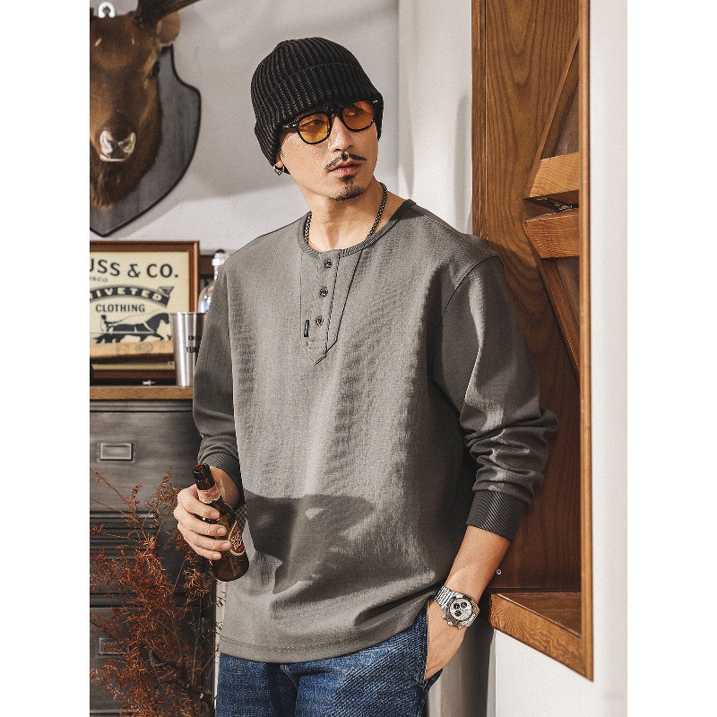 美式復古重磅T恤男長袖春秋款寬鬆圓領衛衣潮牌硬漢亨利領polo衫